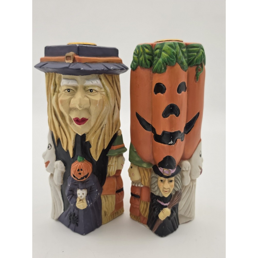 2 Candlestick Holders Jack-O-Lantern Halloween, Witch Cats, Ghosts, Scarecrow.